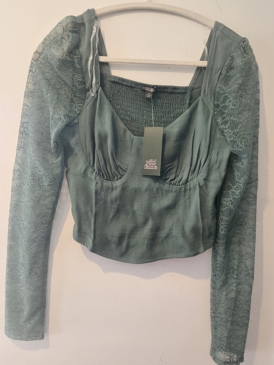 wild fable Tops - wild fable Sage Green Lace-Sleeve Sweetheart Crop Top